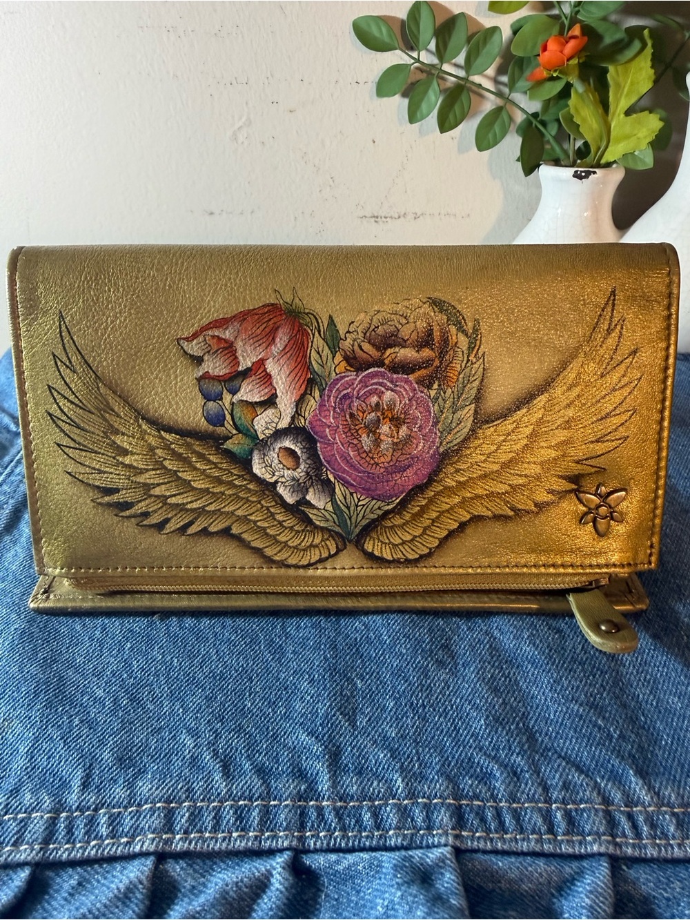 Anuschka Goldy Bronze Floral Wing-Custom Painted Wallet
